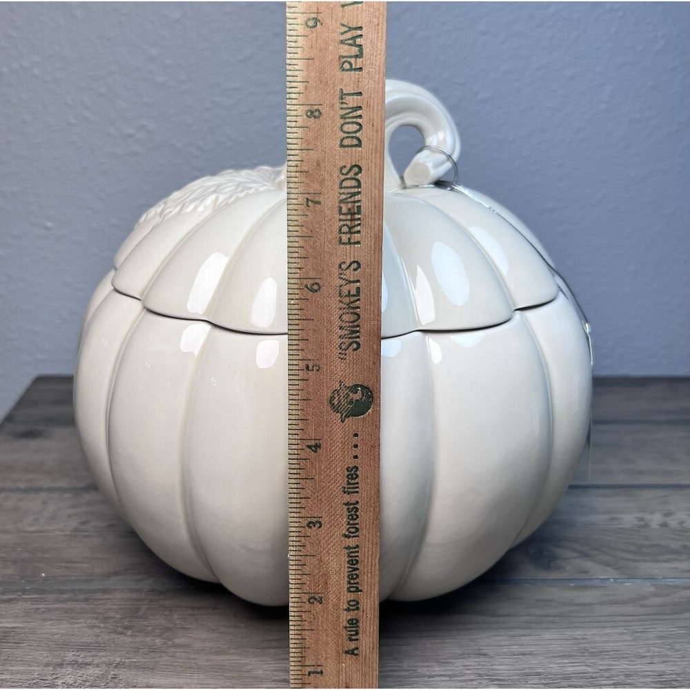 2009 Harry Slatkin Bath & Body White Ceramic Fall Pumpkin Cookie Jar Candy Dish - Picture 3 of 12